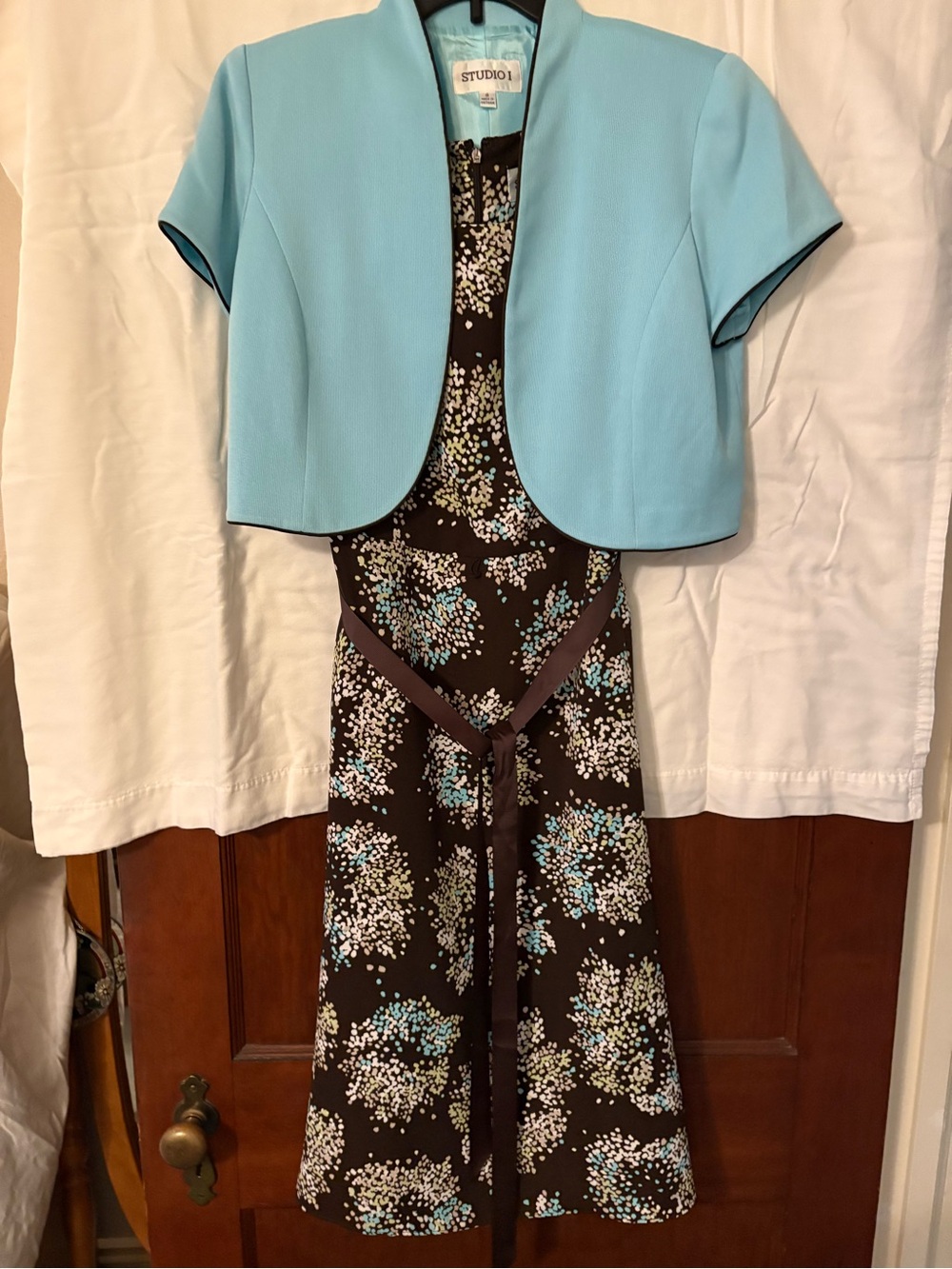Studio 17 Aqua Cropped Jacket with Brown Floral Dress